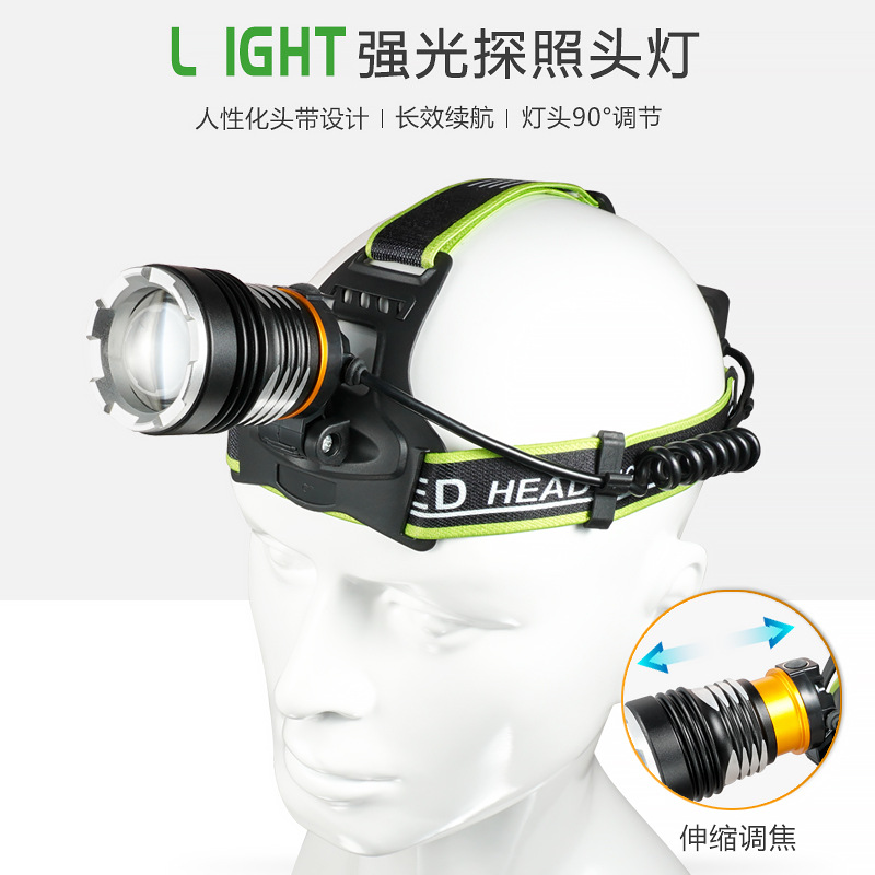 Faros al aire libre transfronterizos larga duración batería de litio láser blanco de aleación de aluminio telescópico enfoque led auricular luz de pesca nocturna