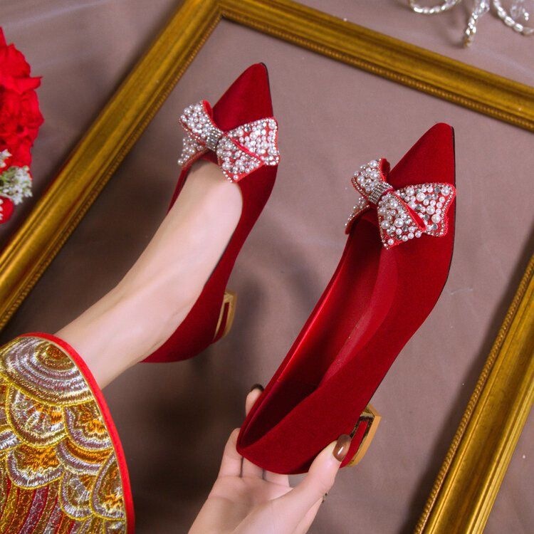 New Style Xiuhe Wedding Shoes for Women, Dual-Purpose Bridal Shoes, Chinese-Style Wedding Red High Heels, Comfortable for Pregnant Women