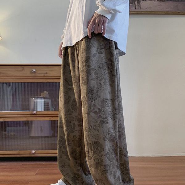 Pantalones vintage marrón Jacquard completo impreso overoles de pierna ancha primavera americana calle pantalones casuales sueltos