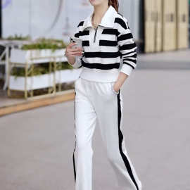 春秋时尚气质感POLO领条纹上衣套装2023新款洋气减龄两件套女