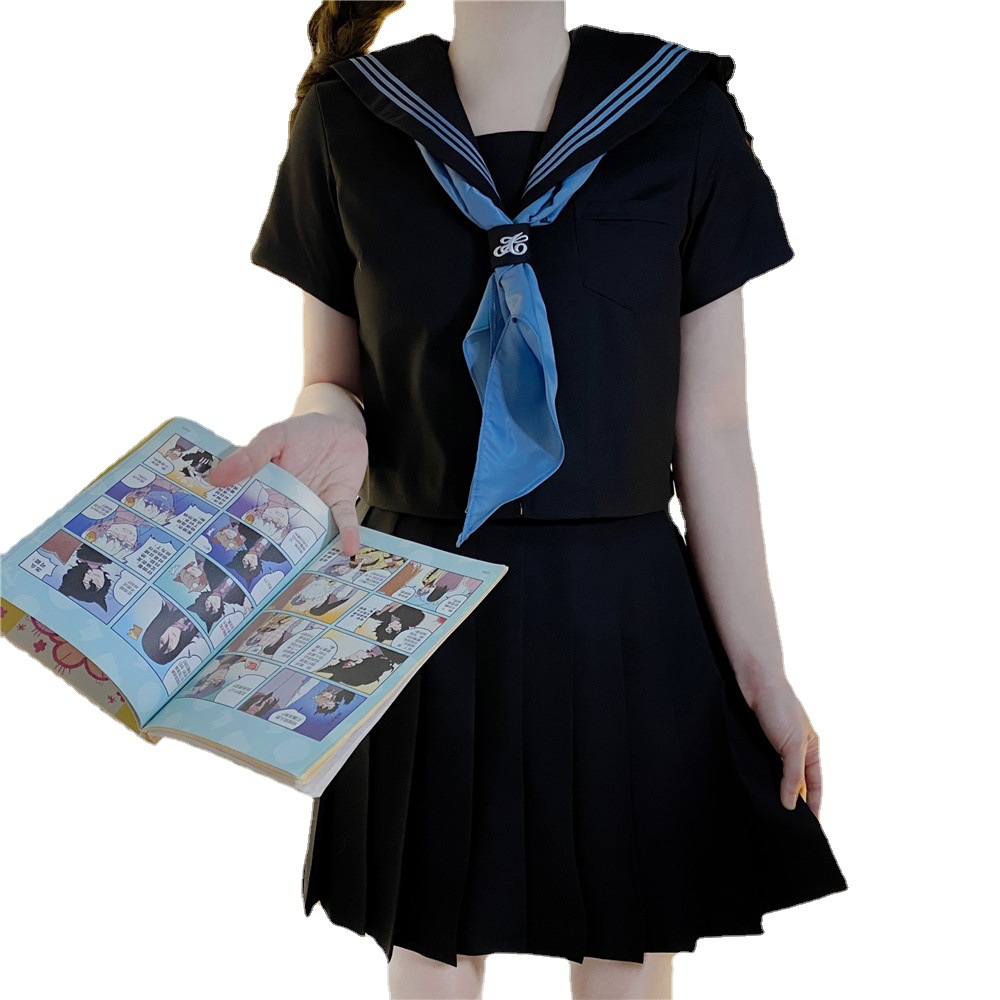 도매 검은 색과 파란색 세 선원 세트 짧은 소매 여름 세트 중간 세트 일본 JK 유니폼 스커트 기본 학업 스타일 세트