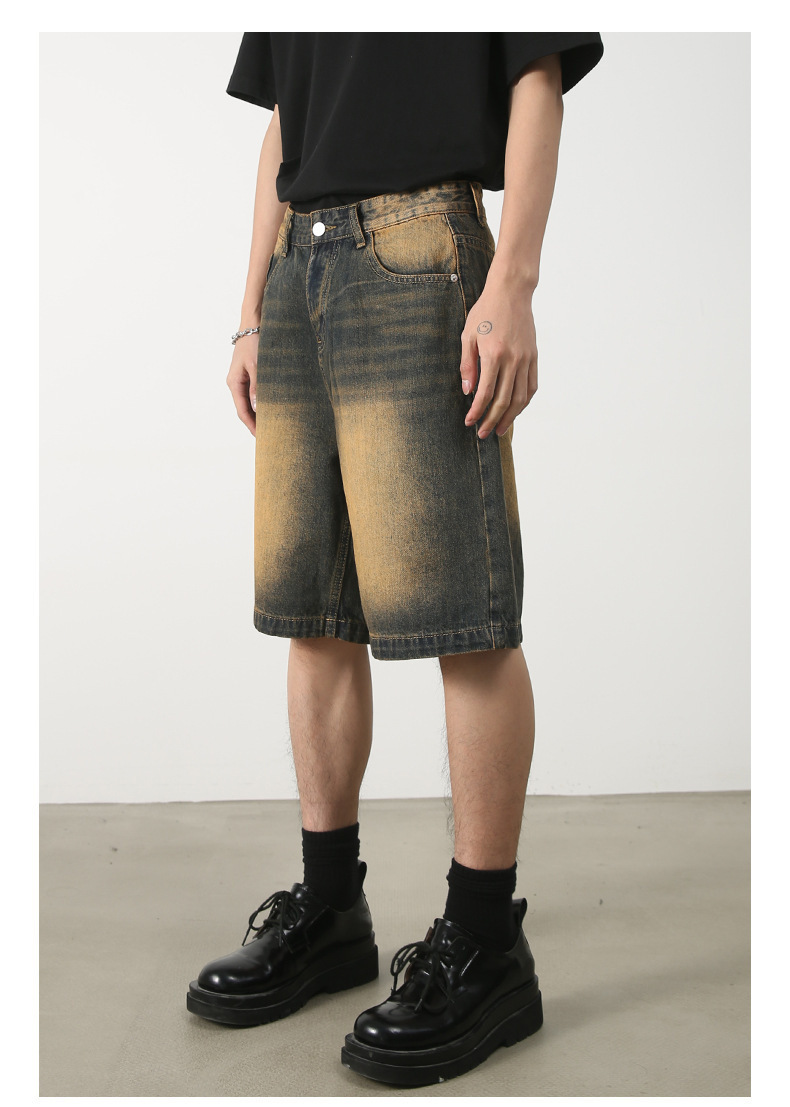 Men's Summer Retro Distressed Blue Denim Shorts Loose Straight Versatile Hot Pants Trendy American Style_mkmklike.com