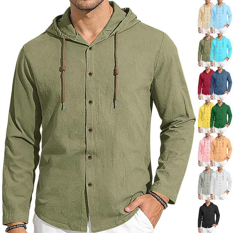 Cross-Border European and American Amazon Tk Men's Hooded Drawstring Cotton Shirt, Solid Color Loose Long-Sleeve Casual Shirt, Beach Wear