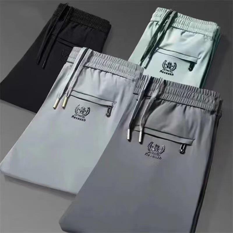 Men's Ice Silk Pants, Elastic Casual Pants for Young and Middle-Aged, Comfortable Elastic Waist, Loose Fit, Thin Straight-Leg Sports Pants