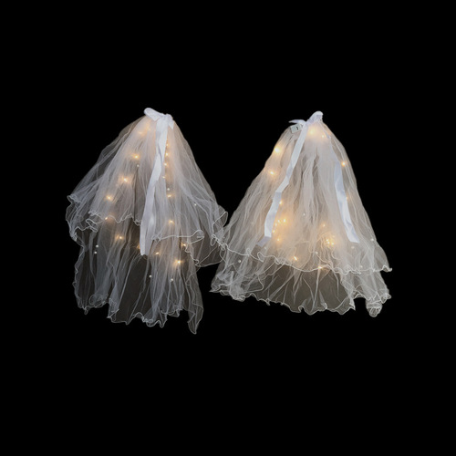 Children's Veil Night Market Luminous Bow Veil Bridal Hair Accessories Fairy Double Layer Ribbon Hair Accessories with Lights Headwear Wholesale