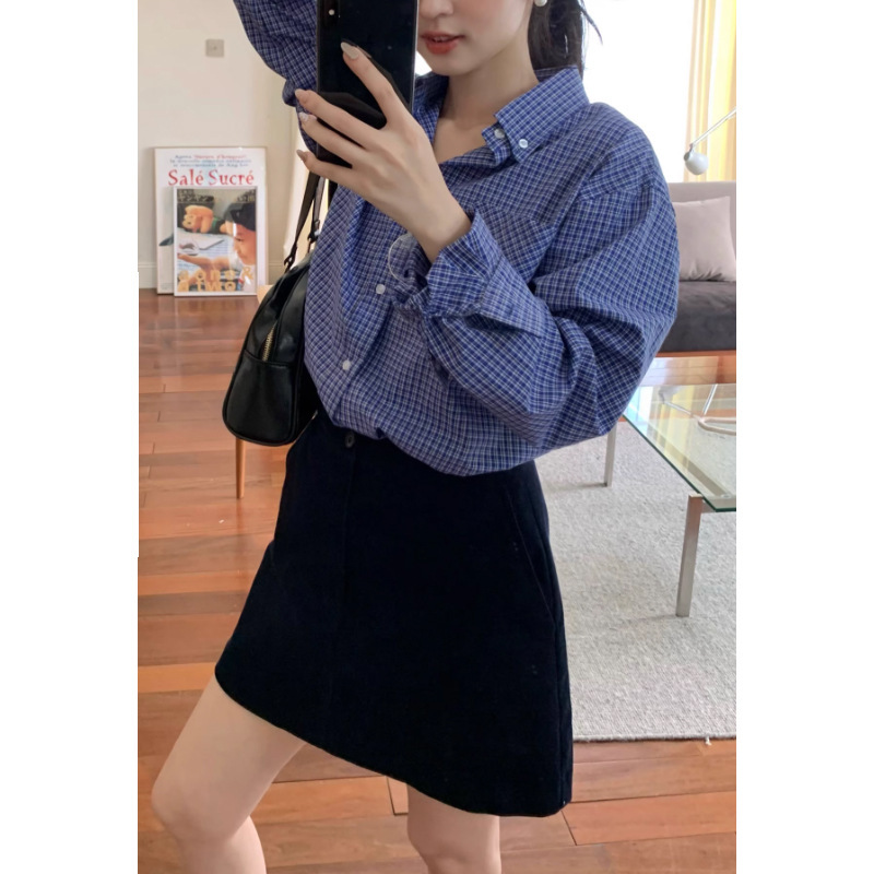 (2개) 미우 무이 셔츠 초가을 레트로 블루 체크 셔츠 여성용 느슨한 게으른 긴 소매 탑 2024 새로운