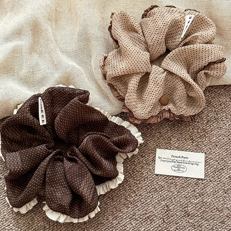 French retro bowknot polka dot lace scrunchie for women, hair tie in Maillard color series, bun hair accessory French retro bowknot polka dot lace scrunchie for women, hair tie in Maillard color series, bun hair accessory