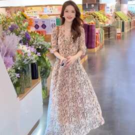 桑蚕丝真丝法式气质碎花连衣裙女夏季新款宽松显瘦时尚印花长裙子