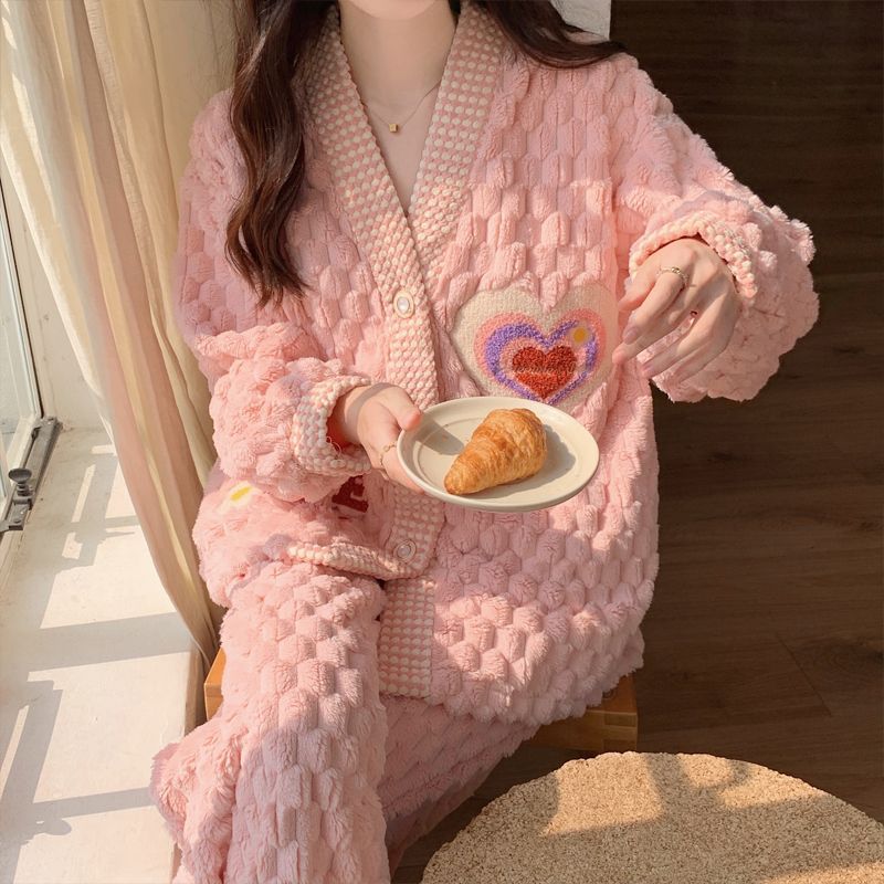 Al por mayor transfronterizo otoño y invierno más terciopelo espeso terciopelo de coral pequeño arco de viento perfumado pijama de mujer ropa cálida para el hogar conjunto
