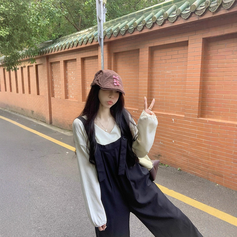 复古宽松阔腿背带裤女2025秋季新款高级感减龄休闲拖地长裤子ins|undefined