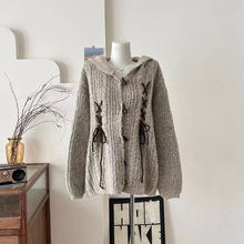 HTYM旧世纪物语复古兔耳朵连帽针织毛衣女秋冬宽松牛角扣开衫外套