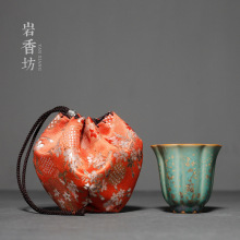 日式针织花朵锦缎小茶杯袋棉麻茶具布袋旅行便携收纳袋