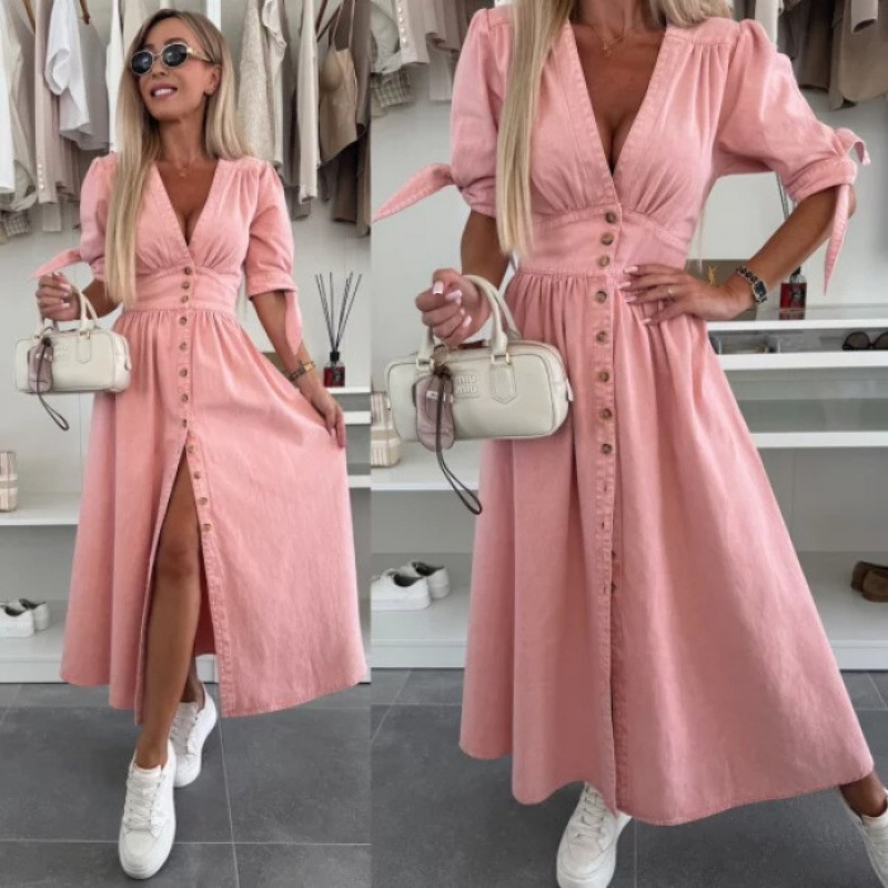 2026 Cross-Border Foreign Trade Fashion Long Dress V-Neck Short-Sleeved Loose Denim Long Buttoned Dress for Women 2026 Cross-Border Foreign Trade Fashion Long Dress V-Neck Short-Sleeved Loose Denim Long Buttoned Dress for Women