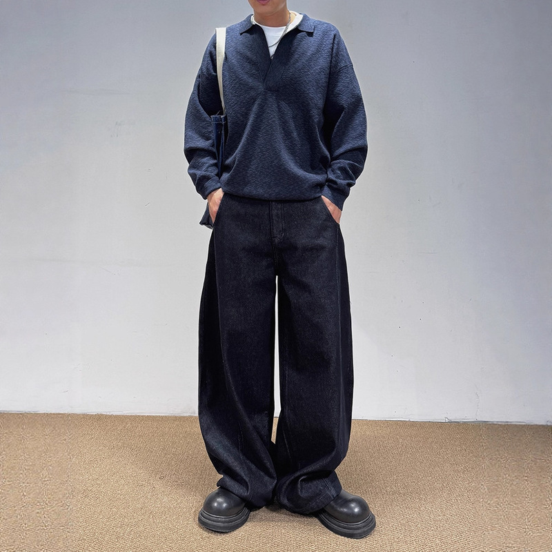 美式高街cleanfit复古明线水洗做旧牛仔裤男时尚帅气宽松阔腿裤子|undefined