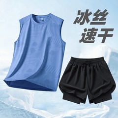 ランニングベストスーツメンズ夏速乾ルーズTシャツフィットネスウェアトレーニングバスケットボールウェアマラソンパンツクロスボーダー