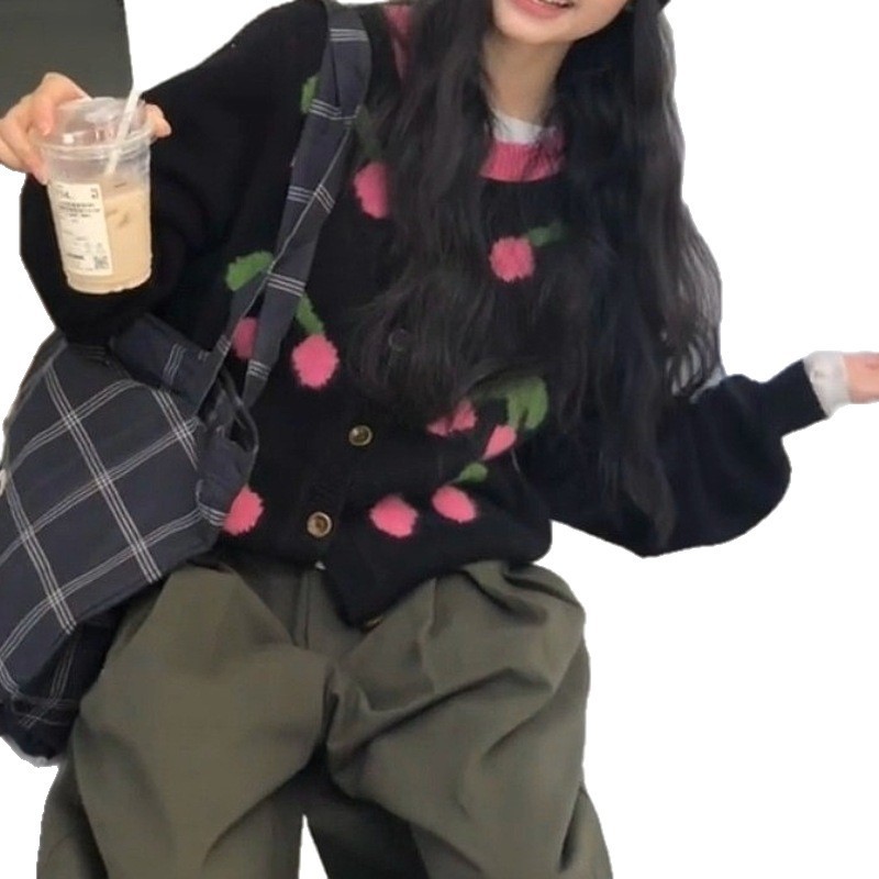 韩系穿搭蓝色提花针织衫上衣秋冬季设计感樱桃撞色毛衣开衫外套女|undefined