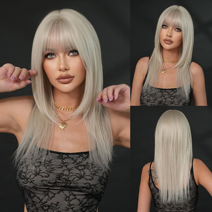 Cross-Border Wig for Women Silver White Layered Straight Hair Air Bangs Wig Party Halloween Mechanism Wig Full Headgear