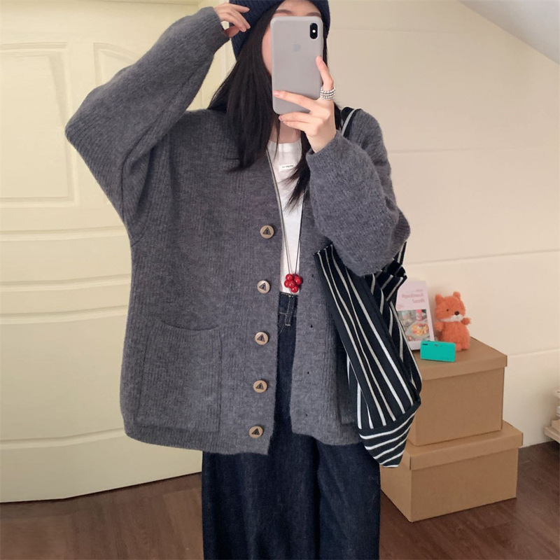 V领纯色毛衣开衫女秋冬季新款高级感加厚宽松慵懒风针织外套上衣|undefined