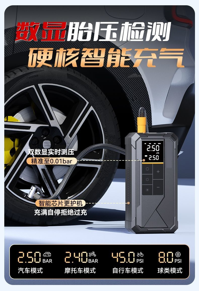 Car-Mounted Wireless Car Air Pump, Portable Emergency Power Bank and Inflator All-In-One, High-Pressure Tire Inflator for Cars