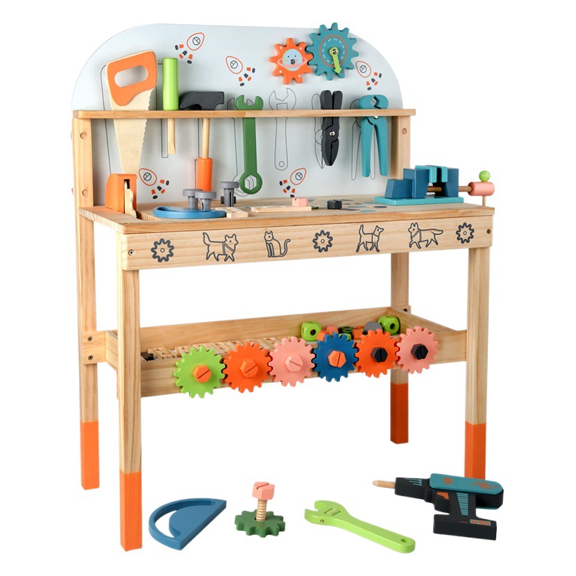 Mesa de herramientas de reparación de simulación de madera para niños multifunción juego de tornillo casa juego educativo juguete venta directa de fábrica