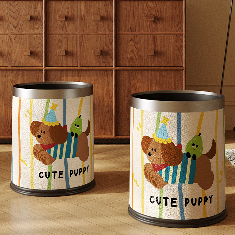 Dachshund Leather Trash Can for Home Living Room, Children's Room, Large Capacity, Cute Bedroom, Kitchen, High-Looking Sanitary Bucket