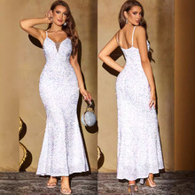 速卖通亚马逊舞会晚礼服欧美外贸跨境女装性感露背亮片白色连衣裙