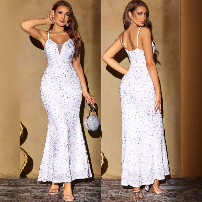 AliExpress Amazon Ball Evening Dress European and American Foreign Trade Cross-border Women's Sexy Backless Sequin White dress AliExpress Amazon Ball Evening Dress European and American Foreign Trade Cross-border Women's Sexy Backless Sequin White dress