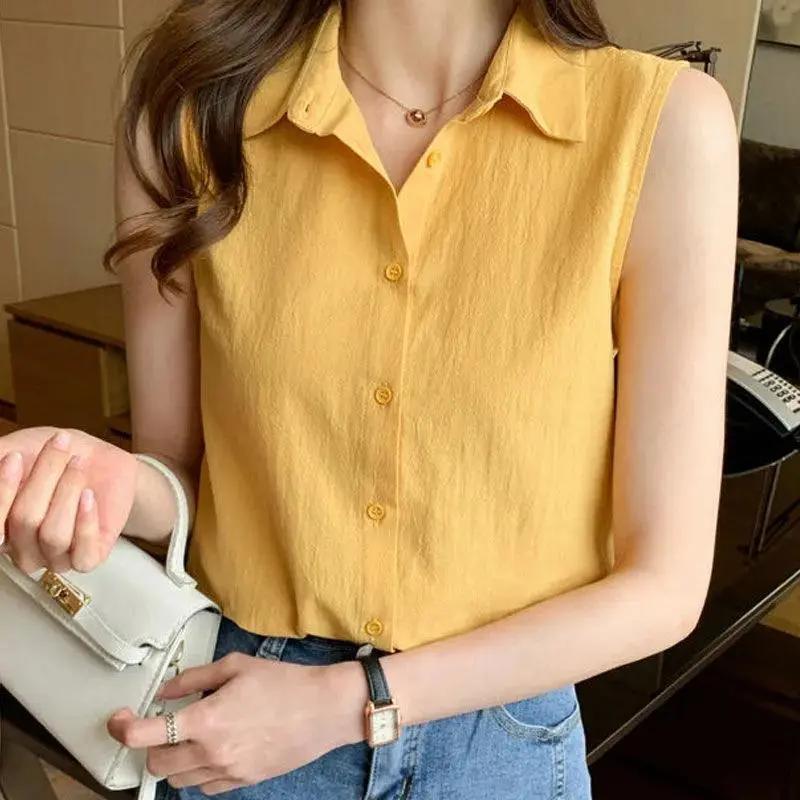 2023 Chiffon Sleeveless Shirt Women's Summer New Arrival Elegant All-Match Solid Color Shirt Loose Western Style Base Vest Top 2023 Chiffon Sleeveless Shirt Women's Summer New Arrival Elegant All-Match Solid Color Shirt Loose Western Style Base Vest Top