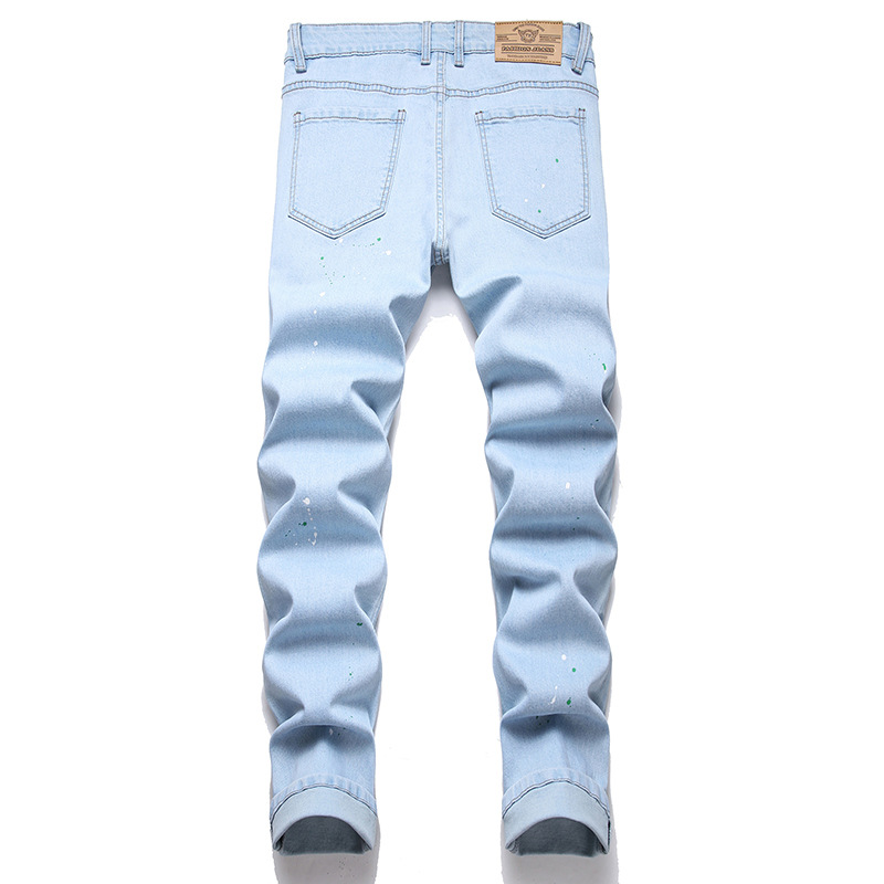 Men's Elastic Knee Ripped Patchwork Jeans New Denim Pants_mkmklike.com