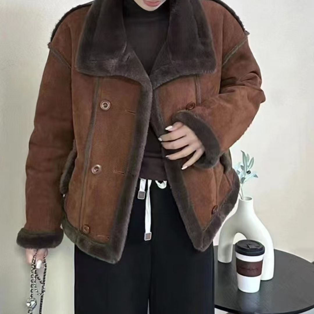 Retro Style Fur Integrated Lamb Hair Suede Jacket Women's Winter Thickeneded Classy Imitation Fur Casual Motorcycle Jacket