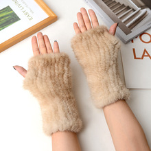 真皮新款真毛水貂毛手套女冬季室内学生漏指水貂毛半指半截露指