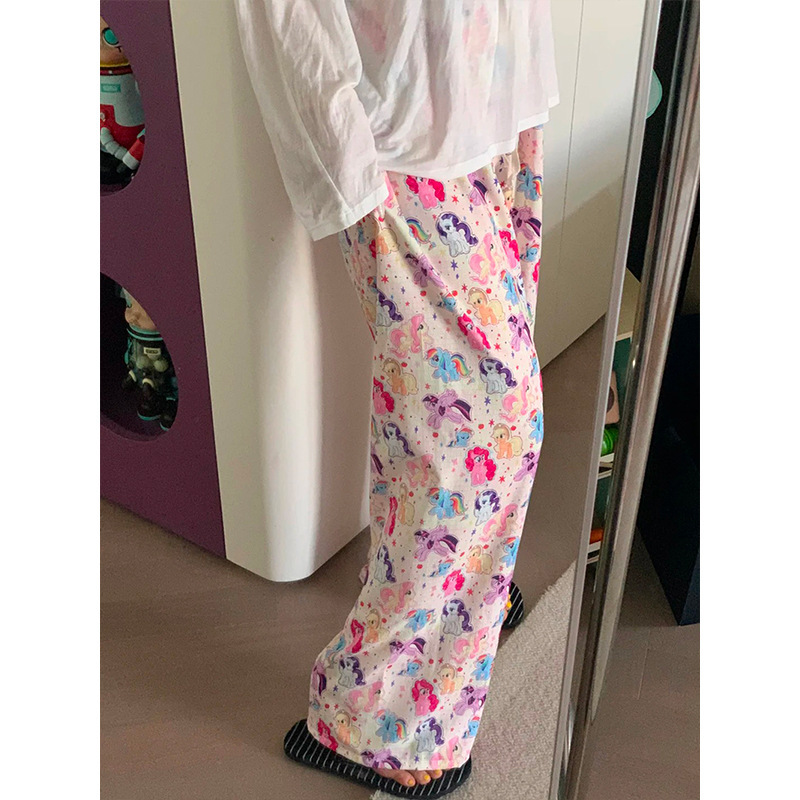 Cute Style Cartoon Colorful My Little Pony Pajamas for Women Summer New Loose Wide-Leg Walking Pants Home Pants Trousers