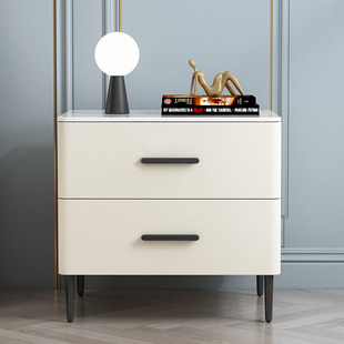 Cream Style Rock Board Bedside Table Small Apartment Simple Modern Light Luxury Solid Wood Leather Art Bedroom Bedside Cabinet Storage Cabinet