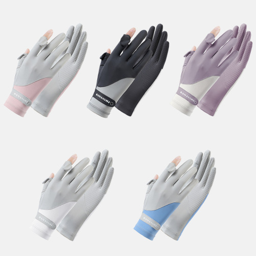 Summer outdoor driving and riding women's ultraviolet-proof, thin, full-finger anti-slip breathable touch screen flip-up sun protection gloves