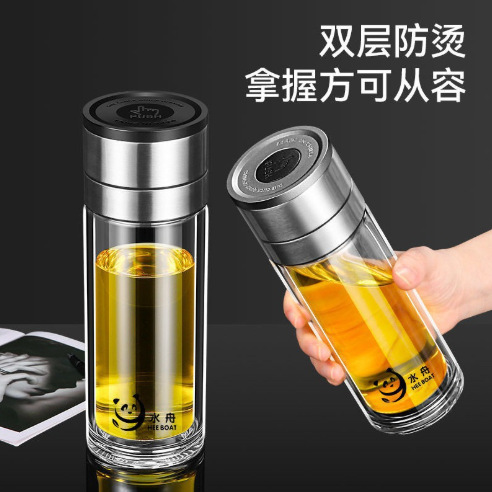 Stainless steel lid high borosilicate glass cup, one-touch quick-open lid, tea-water separation cup, car water cup, double-layer insulation
