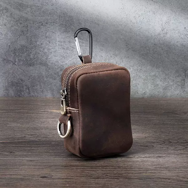 New American Retro Style Square Leather Coin and Earphone Storage Bag, Convenient Waist-Hanging Key Storage Bag