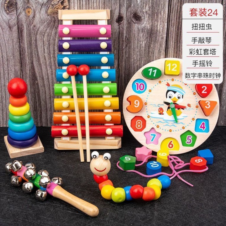 Juguetes educativos de educación temprana para niños, bebé de madera, cuentas pequeñas, reloj despertador, juego de percusión para niños, juguetes de madera