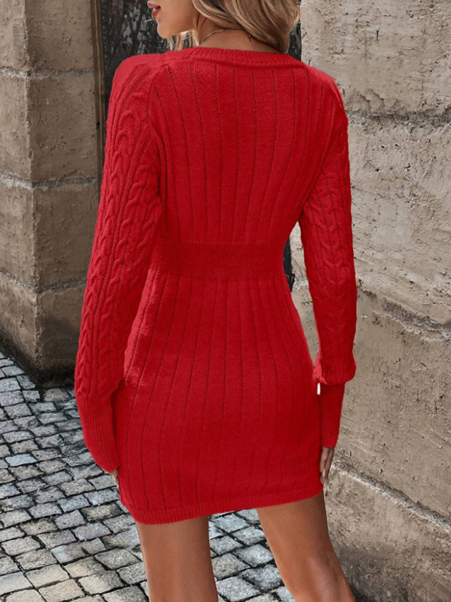 K Fried Dough Twists Knit Skirt Women's Fashion Crewneck Round Neck Solid Color Fitted Sheer Dress For Women_voghion.com