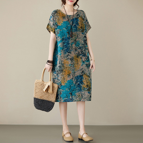 Floral Summer New Cotton Linen Retro Plus Size Loose Mother Slimming Dress Short Sleeve Dress Elegant