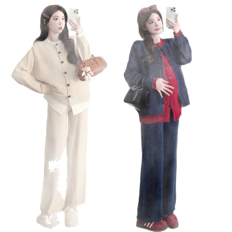 2025孕妇秋冬套装慵懒风简约撞色拼接假两件阔腿针织长裤两件套潮|undefined