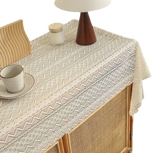 French-style rustic tablecloth, beige hollow-out lace crochet, rectangular coffee table and dining table cloth, backdrop fabric, table runner