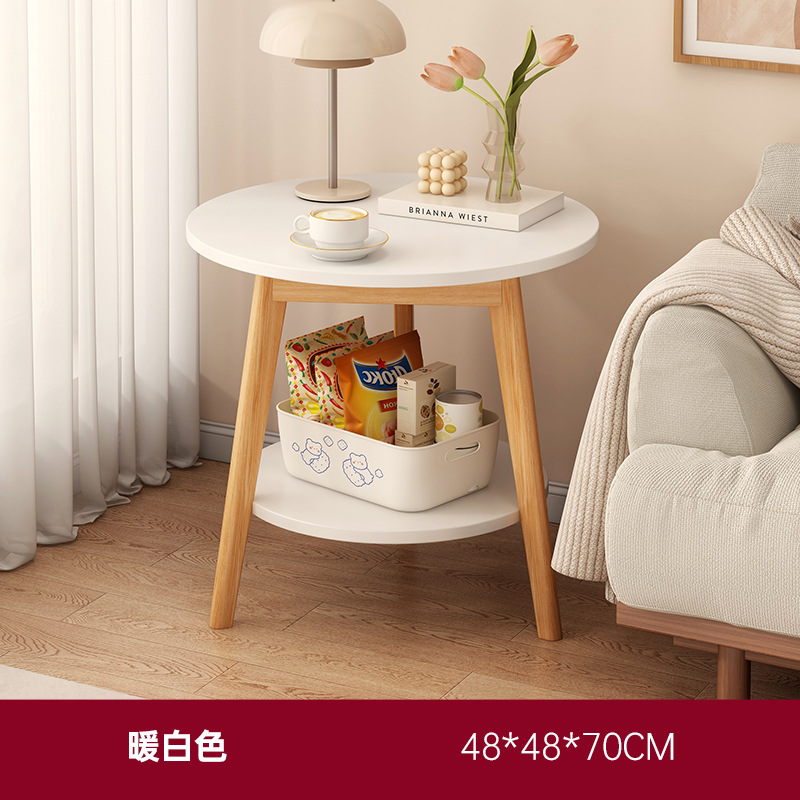 Mesa redonda pequeña con patas de madera maciza, mesa de centro de doble capa, mesa auxiliar para apartamento pequeño, mesa de té moderna, sencilla y creativa para balcón
