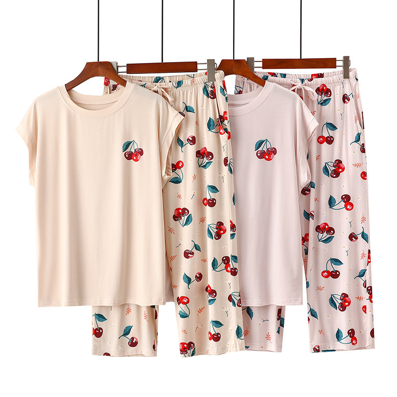 Cut-Sleeve Capri Pants Modal Pajamas Women's Summer Thin Colorful Cherry Internet Red Style Cute Round Neck Home Clothes Cut-Sleeve Capri Pants Modal Pajamas Women's Summer Thin Colorful Cherry Internet Red Style Cute Round Neck Home Clothes