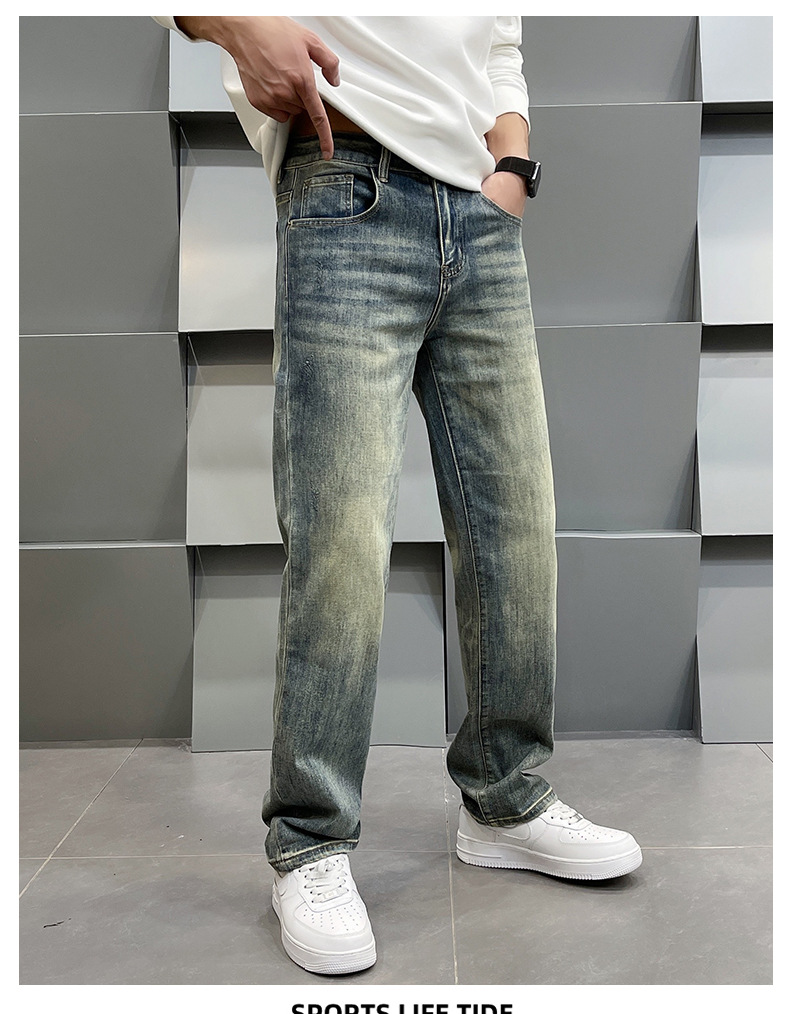 Men's Clothing Spring Retro High-End Printed Blue Jeans Loose Fit Straight Leg Casual Pants For Men_mkmklike.com