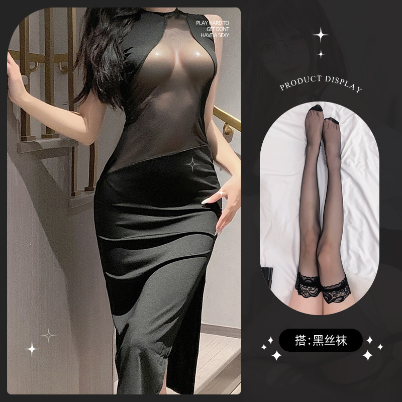 블랙 시스루 스커트 + T팬츠 + 블랙 스타킹