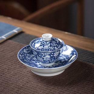 Antique mud blue and white flower one Lu Lianke three Cai cover Bowl Tea Cup retro style kung fu tea bowl office tea cup
