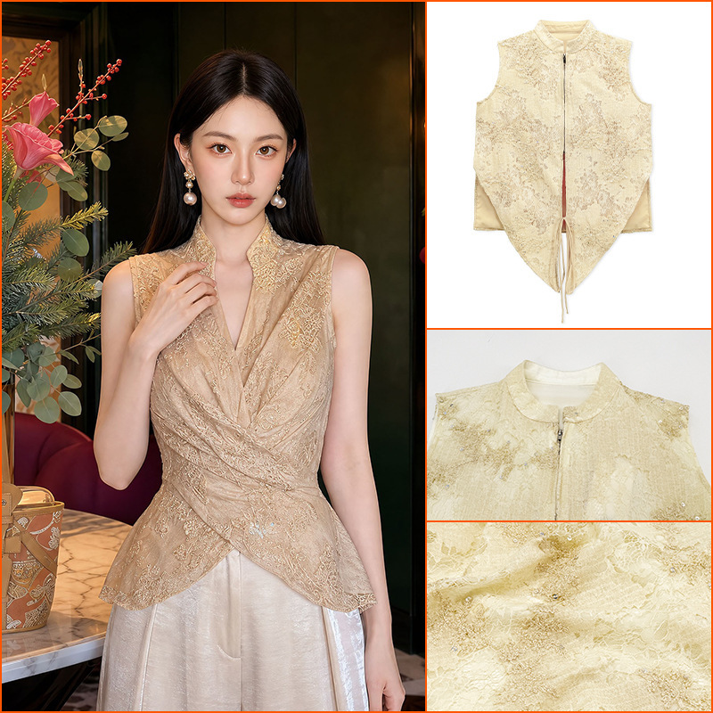 New Chinese-Style High-End Lace Sexy Design Shirt Summer 2026 New Sleeveless Hollow-Out Top Zx Model P0549