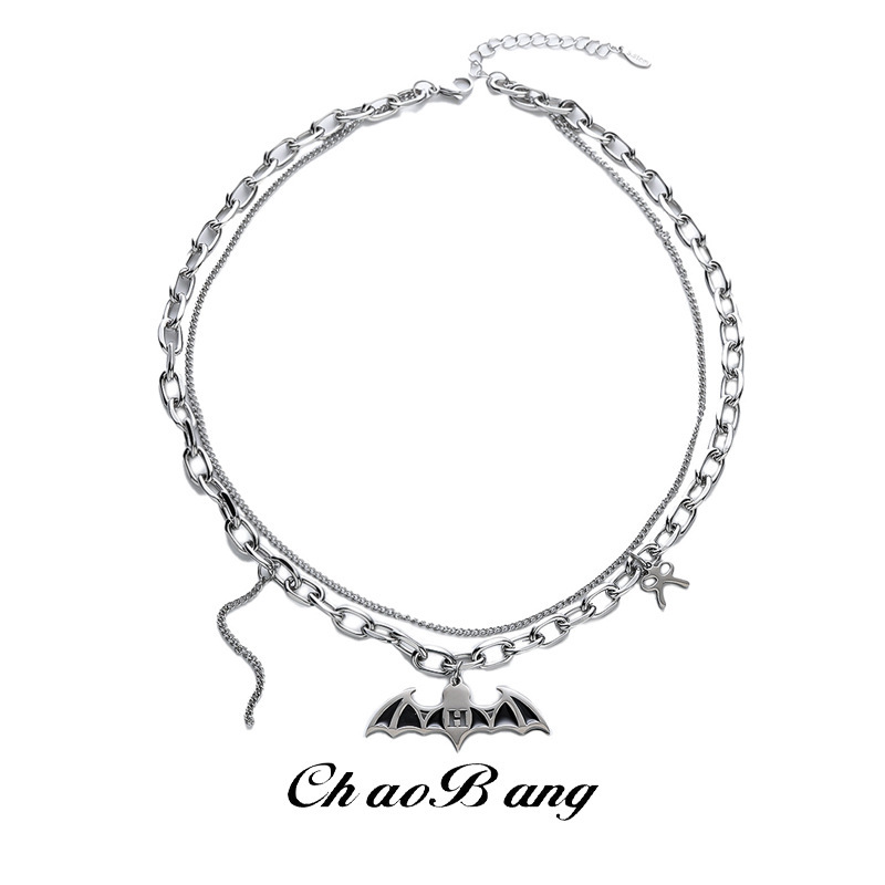 Cross-Border Bat Pendant Double-Layer Titanium Steel Necklace for Men, Trendy Fashion Creative Punk Gothic High-End Personalized Jewelry for Women