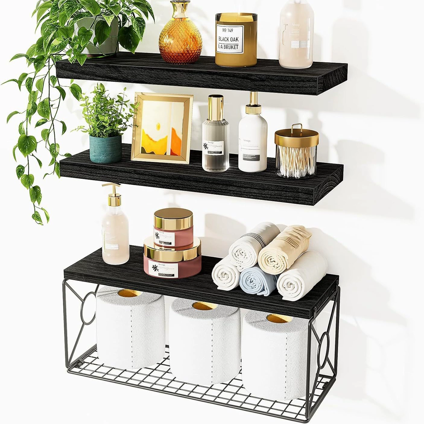 Многослойная настенная полка для хранения Amazon в скандинавском стиле, железный кронштейн, перегородка с корзиной для хранения бумажных полотенец, стеллаж для хранения из цельного дерева