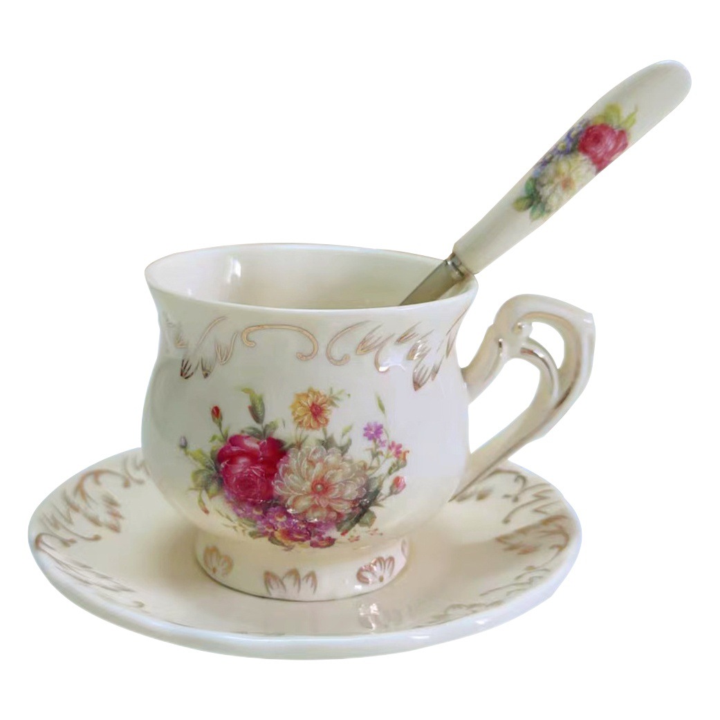 Taza de café de cerámica té de la tarde británica oficina en casa flor té taza café juego traje de estilo europeo de lujo ligero práctico